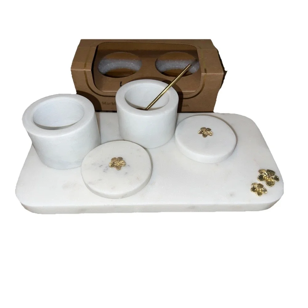 White Marble Salt And Pepper Cellar Set With Marble Base And Gold Spoon And Acce